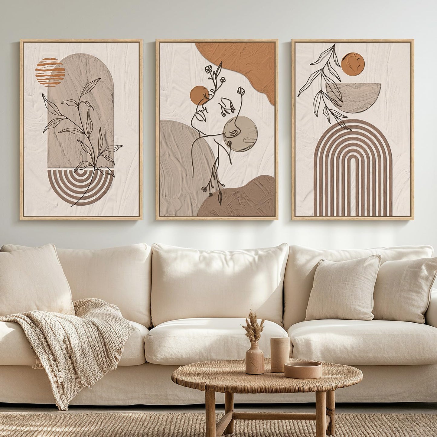 Framed Boho Sage Green Wall Art for Living Room, Large Mid Century Modern Tropical Leaf Canvas Artwork for Walls, 3 Piece Beige Orange Bohemian Wall Art Prints for Bedroom Kitchen Hallway, 16x24 Inch