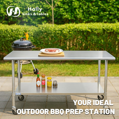 Hally Stainless Steel Table for Prep & Work 30 x 48 Inches with Caster Wheels, NSF Commercial Heavy Duty Table with Undershelf and Galvanized Legs for Restaurant, Home and Hotel