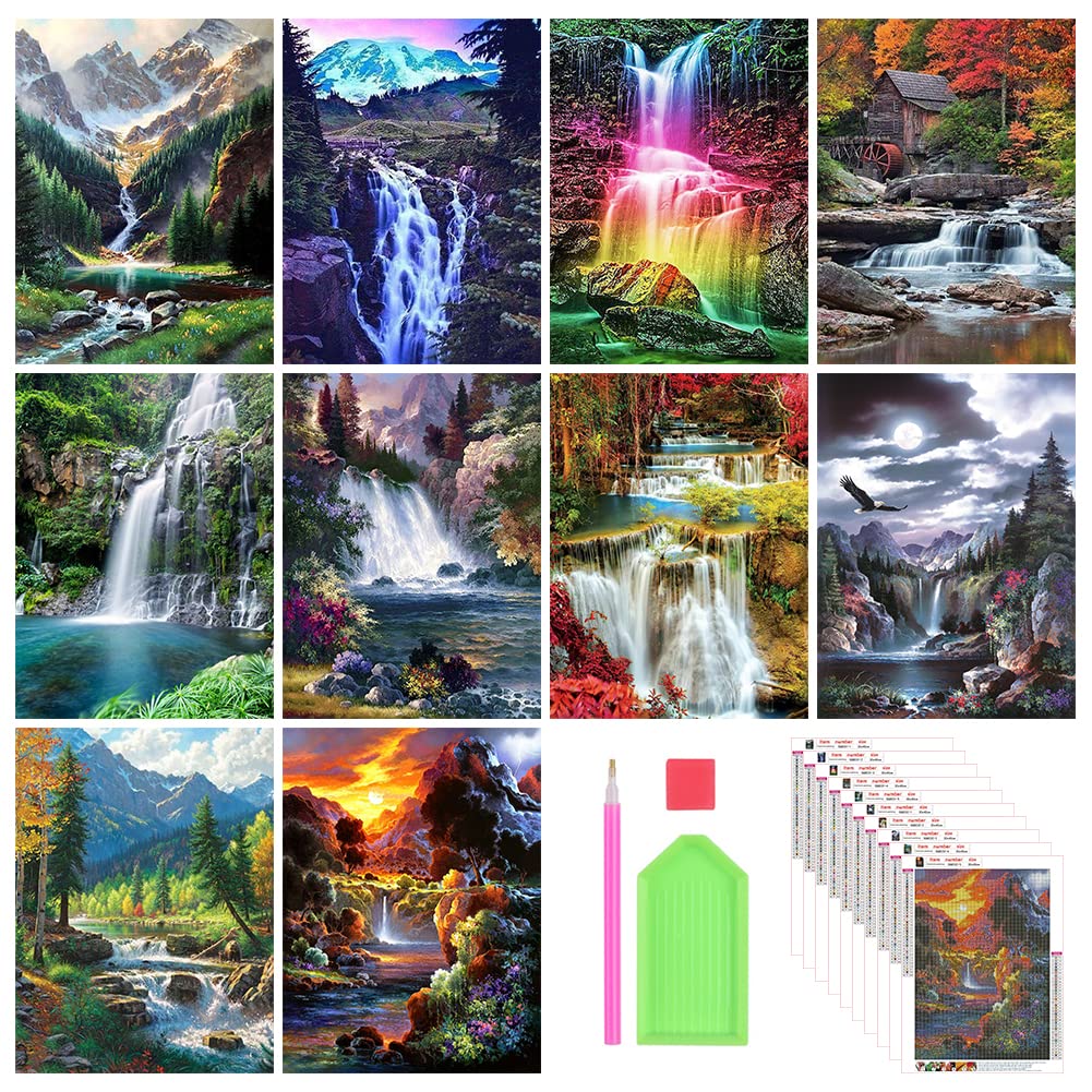Stalente Diamond Painting Kits for Adults, 10 Pack 5D Diamond Art Kits for Beginners Round Full Drill Diamond Painting for Home Wall Decoration Gift 12×16inch, Landscape Waterfall