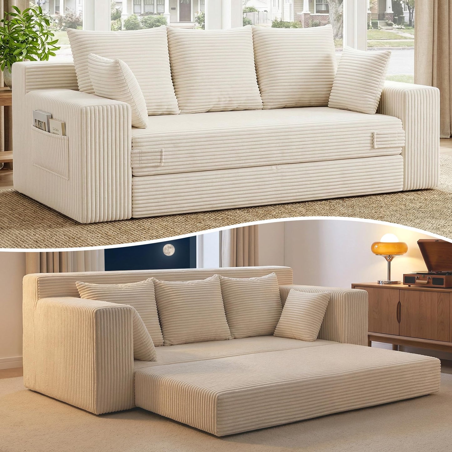 JUIKURY Boneless Couches 70 inch: 3-in-1 Convertible Sofa Bed Futon Couch Bed, Oversized Loveseat Sleeper Sofa with 5 Pillows, Beige Couch for Living Room, Bedroom & Small Space
