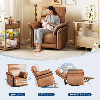 GAOMON Swivel Rocking Recliner Chair, Manual Leather Recliner Glider with Lumbar Support & Padded Armrest, Comfortable Rocker Nursery Single Sofa for Living Room and Bedroom (Walnut)