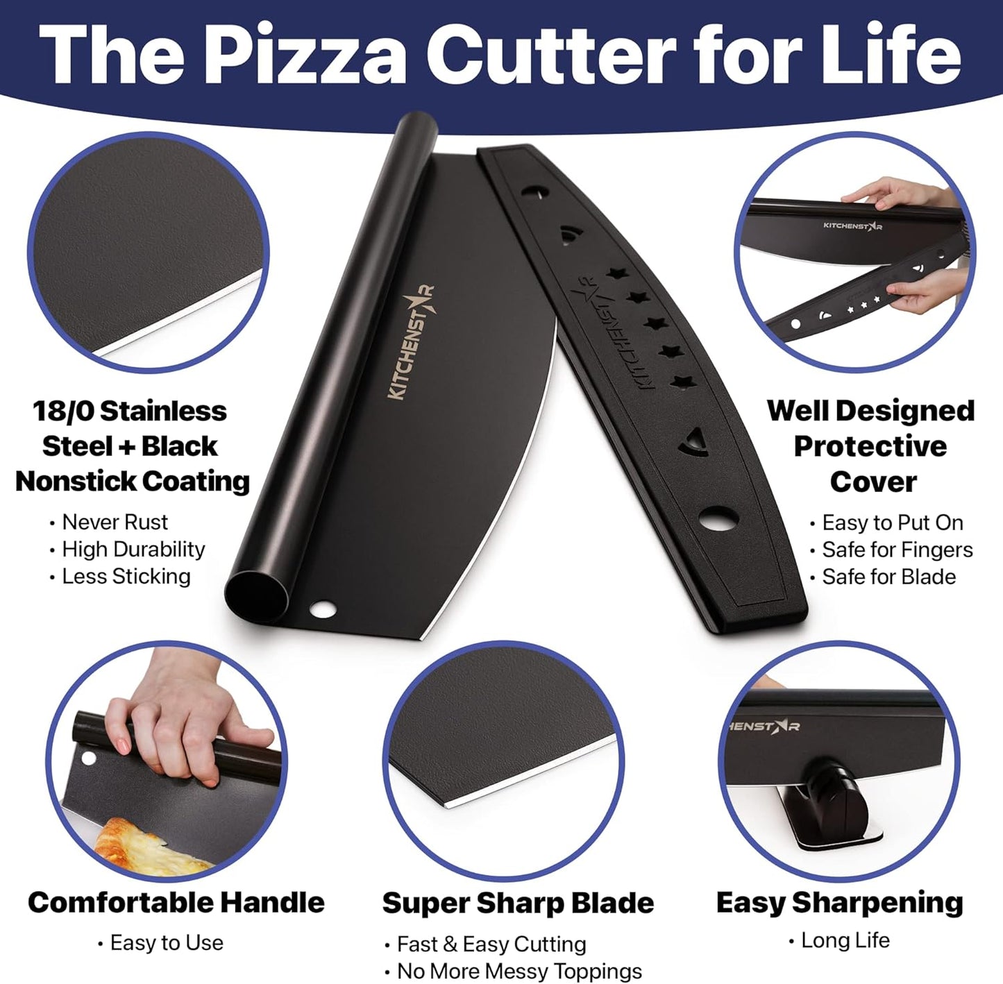 KitchenStar 16-Inch Pizza Cutter Rocker Blade - Sharp Stainless Steel Slicer Knife, Large Black Nonstick