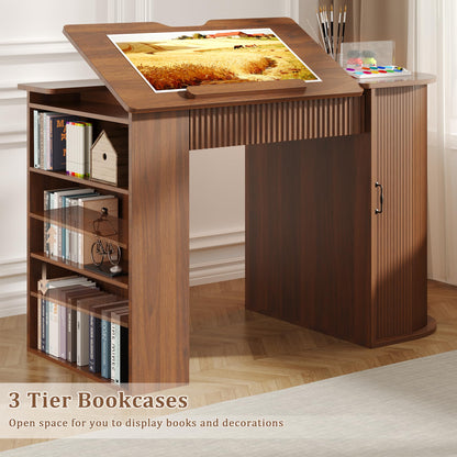 Lurinthal Drafting Table with Storage Cabinet & Drawers, Crafting Table with Open Shelves, Fluted Drawing Desk Computer Desk for Artists, Painters, Drawing, Crafting, Reading, Writing, Working