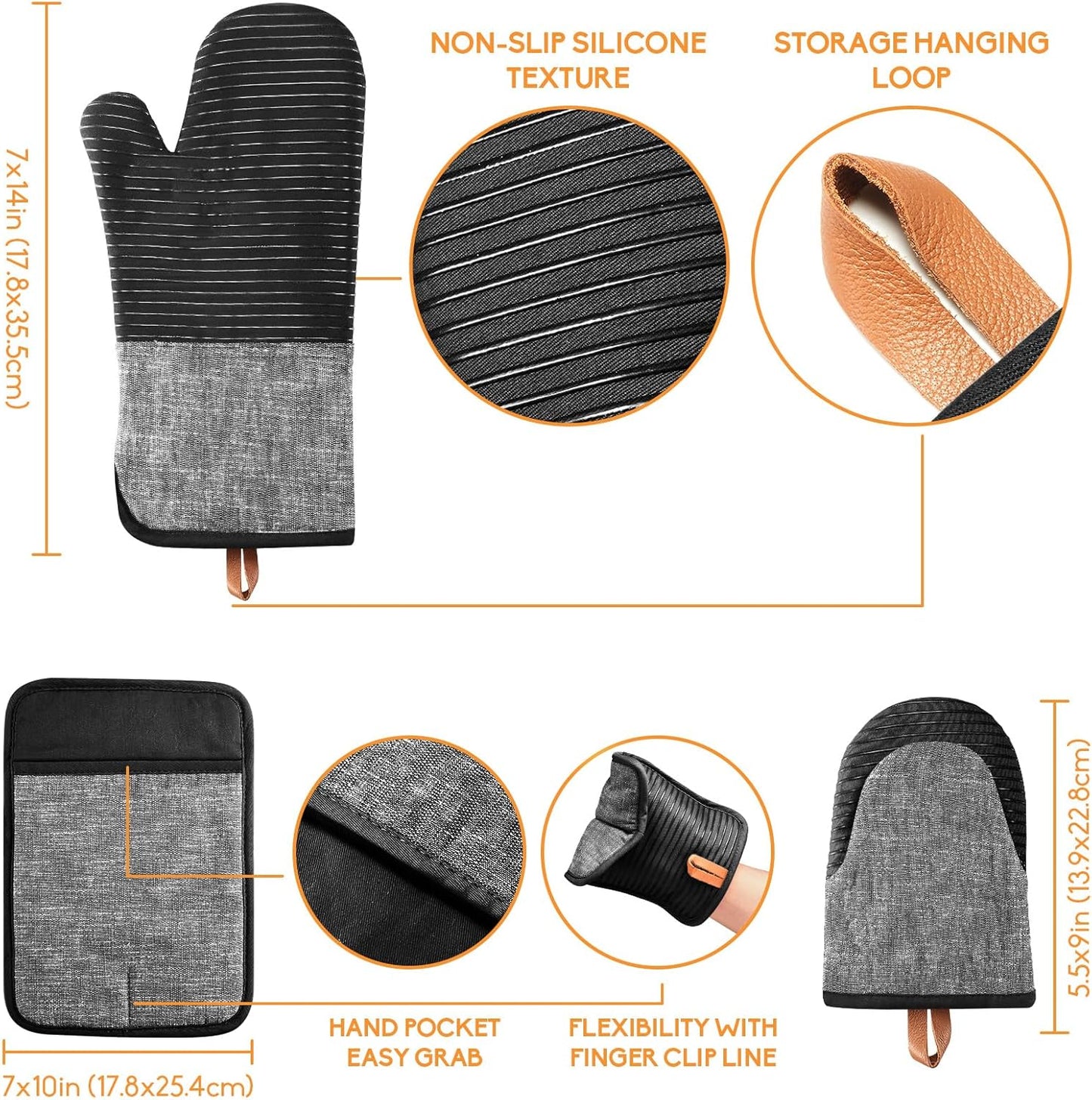 Kitchen Oven Mitts Set of 4, Non-Slip Cotton, Heat Resistant & Machine-Washable, Includes Long Mit, Mini Mitts & Pot