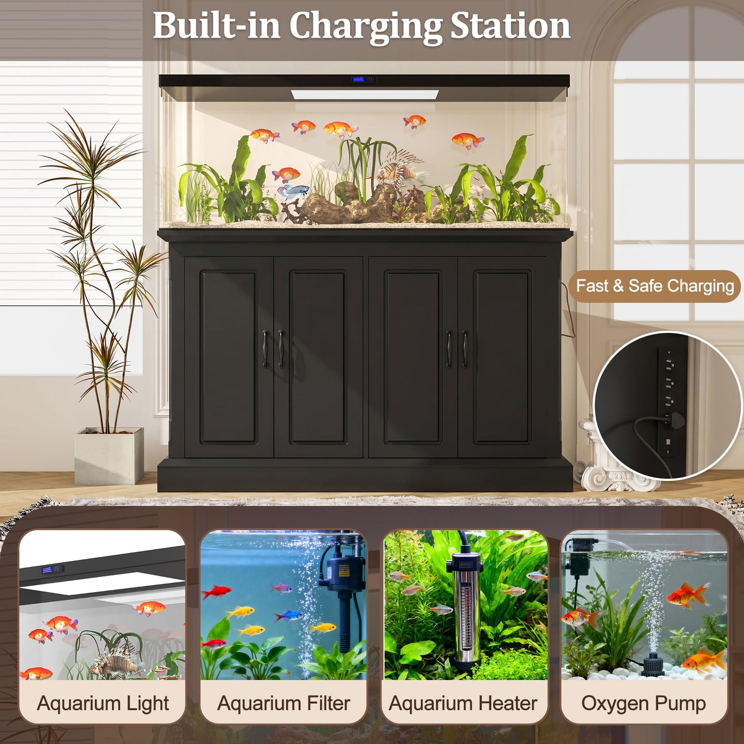 Merax 55-75 Gallon Fish Tank Stand with Power Outlet, Heavy Duty Aquarium Stand with 4 Storage Cabinets, for Fish Tank, Turtle Tank, Reptile Terrarium, Black