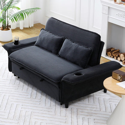 KEIKI 66" Convertible Sofa Bed w/Cup Holder, 3 in 1 Corduroy Sleeper Couch with Pull Out Bed, Adjustable Armrests & Backrests, Modern Chaise Lounge Chair for Living Room Bedroom, Easy Assembly, Black