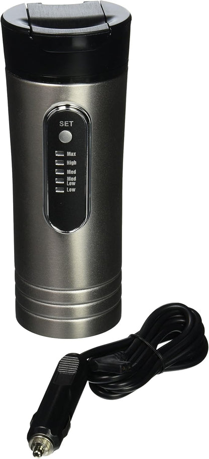 RoadPro RP0719 12-Volt Premium Heated Travel Mug, 15oz, Silver and Black
