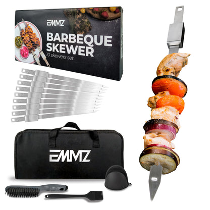 Grilling Skewer–16.5"flat metal skewers with removable Slider (set of 10) Storage Bag stainless steel skewers for BBQ-kabob koobideh-Skewers for kabab Barbecue meat chicken-Grill kebab for camping