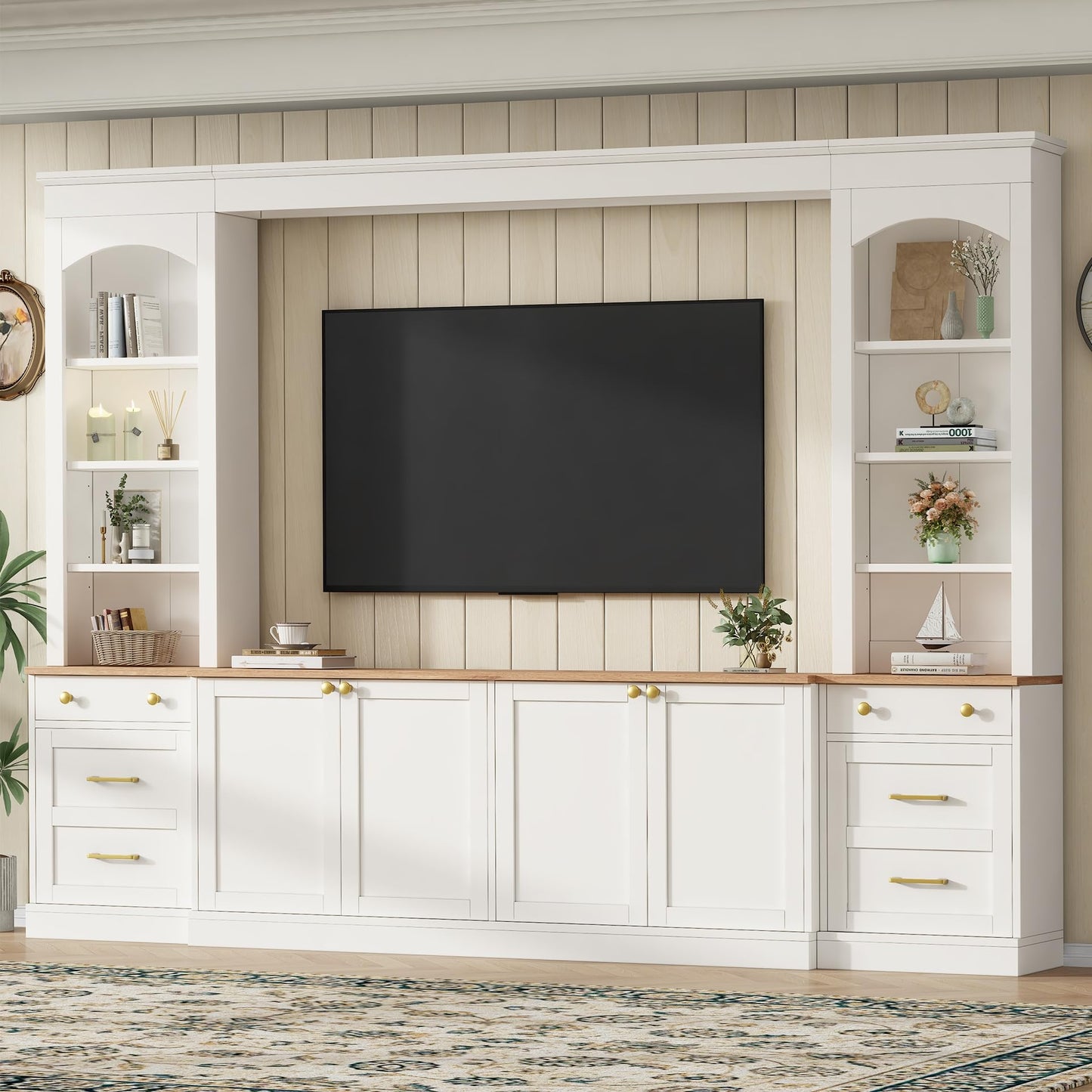 Merax Farmhouse 106-Inch Arched Entertainment Wall Unit Set with Adjustable Shelves, TV Stand for Televisions Up to 70'', Mid-Century Large Media Console with Drawers for Living Room, White