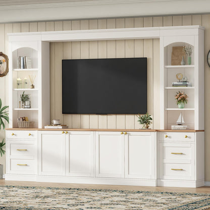 Merax Farmhouse 106-Inch Arched Entertainment Wall Unit Set with Adjustable Shelves, TV Stand for Televisions Up to 70'', Mid-Century Large Media Console with Drawers for Living Room, White