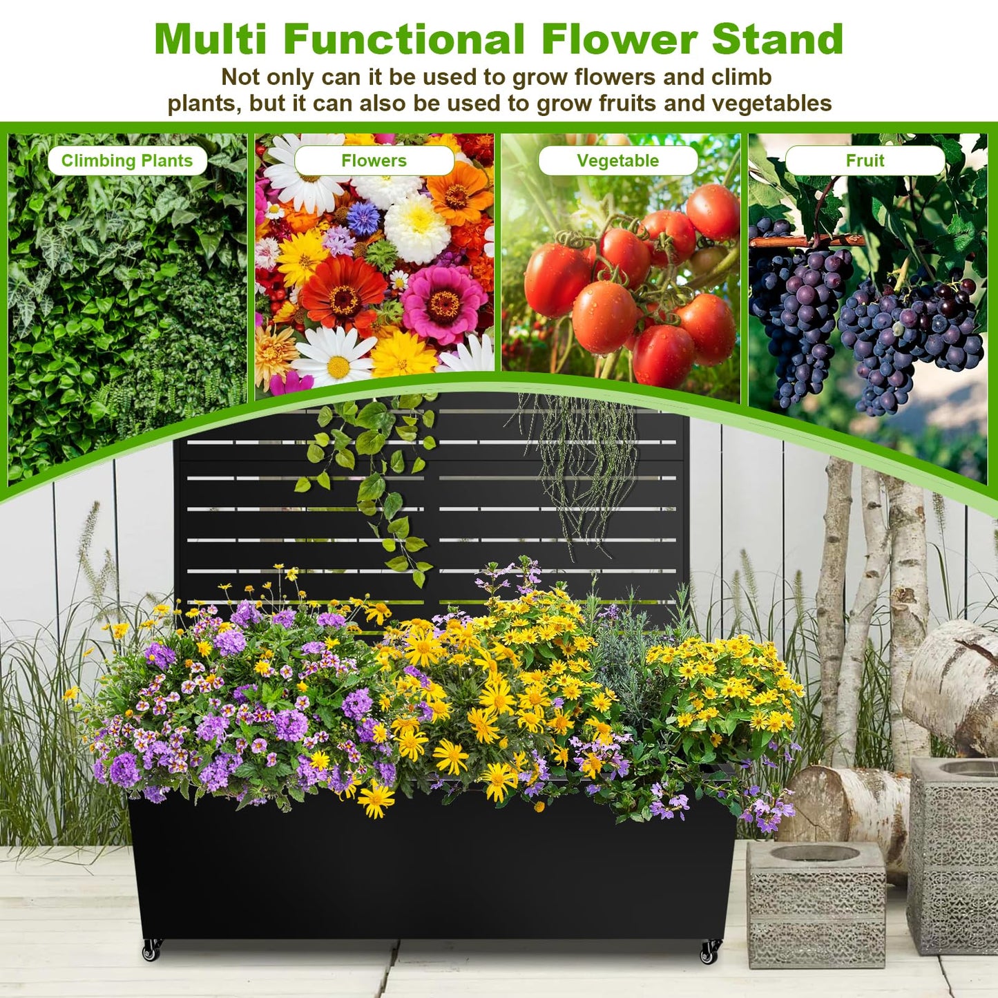 Meyoppm 72"x47"x16" Metal Planter Box with Trellis, Galvanized Steel Raised Garden Bed with Lockable Casters & Drainage Holes, Outdoor Large Planter Box for Climbing Plants, Vegetables & Flowers