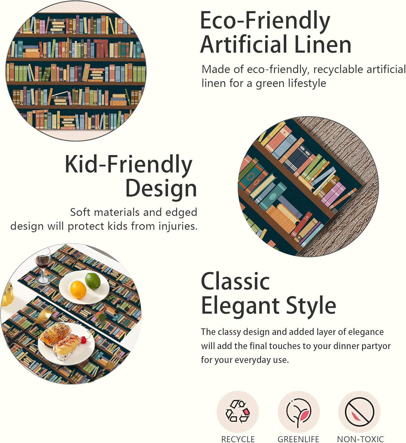 Set 6,Library 12x18 Inch Bookshelf Placemats of Book Place Mats Heat Resistant Washable Non-Slip Table Mats for Party