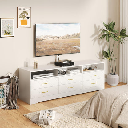 TV Stand With 6 Storage Drawers For Bedroom Living Room, Universal TV Stand With Mount Fit 32-80 Inch TVs, White Entertainment Center, Farmhouse Wood Media Console Tables With Height Adjustable Mount