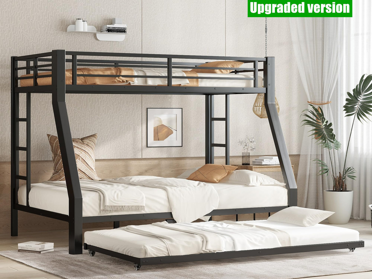 NOAHLEO Stronger & Safer Heavy Duty Metal Twin Over Full Bunk Bed with Twin Trundle for Adults Teens, More Stable Thickened Steel Bunkbed (Twin Over Full Bunk Bed with Twin Trundle)