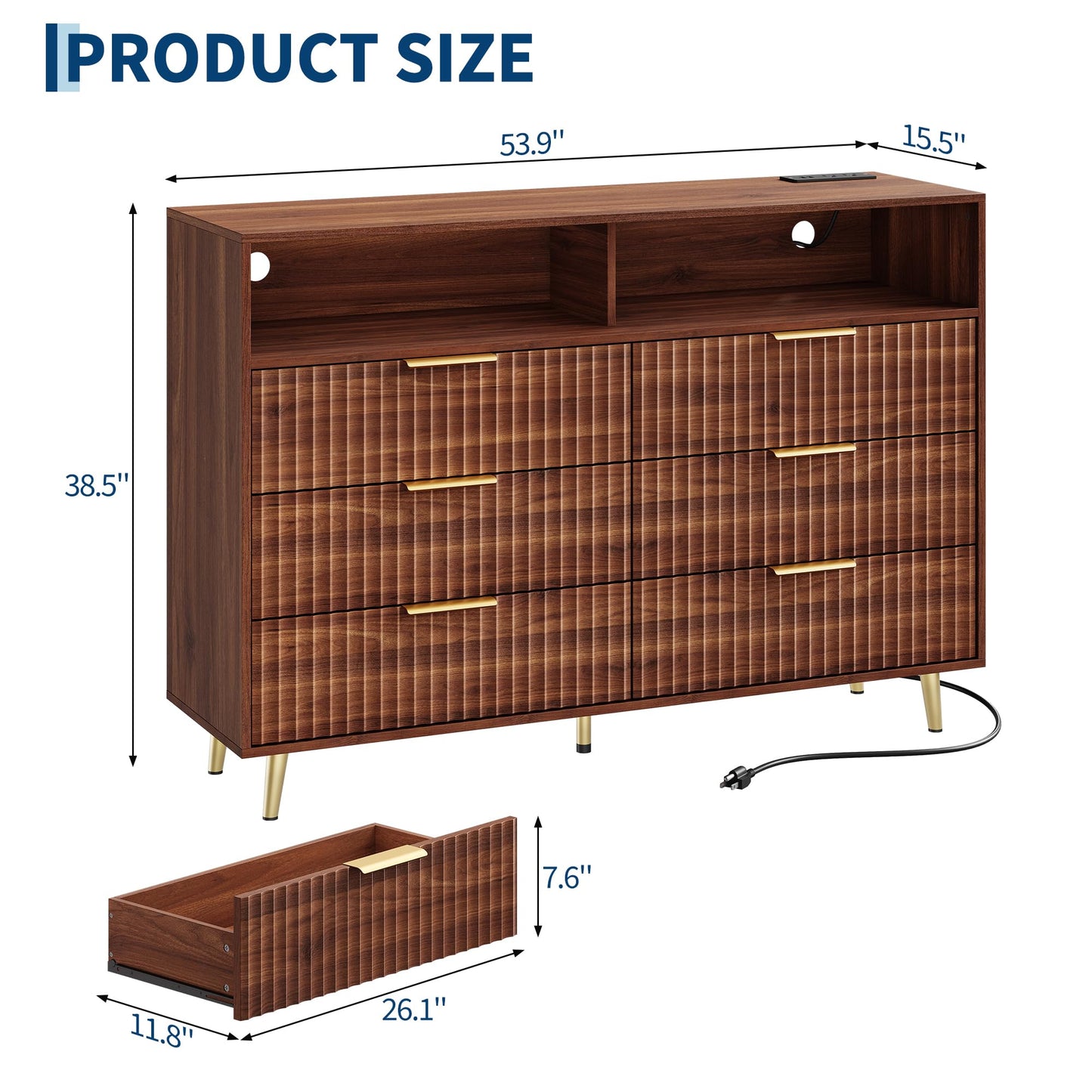 6 Drawers Dresser for Bedroom, 53.9" Wide Dressers with LED Lights and Charging Station, Curved Profile Design, Fluted Wood Drawers with Gold Handle, Modern Chest of Dressers for Living Room, Walnut