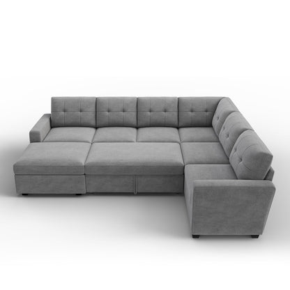 HONBAY Sectional Sleeper Sofa with Pull Out Bed, Convertible 7 Seaters U Shaped Sectional Couch for Living Room, Grey