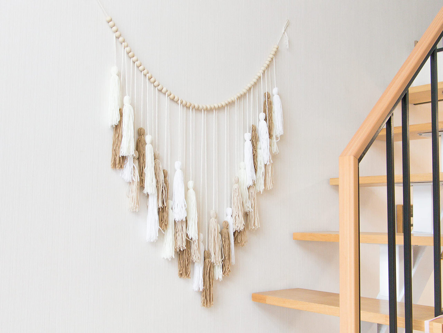 Decocove Large Macrame Wall Hanging with Wood Beads - Bohemian Wall Decor for Bedroom, Living Room and Kitchen - Cream and Beige - 35'' x 36''