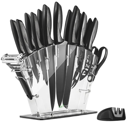 NutriChef 17-Piece Kitchen Knife Block Set - Stainless Steel Precision Crafted Knives w/Acrylic Block Stand - Includes 6 Steak & 7 Multi-Use Knives, Sharpener, Scissors, & Vegetable Peeler (Black)