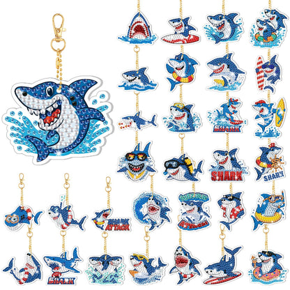 Huquary 30 Pcs Summer Diamond Art Keychains Shark Diamond Art Kits for Aldults Double Sided 5d Rhinestones Ocean Animal Beach Hanging Key Chains Ornaments for Beginners DIY Crafts Party