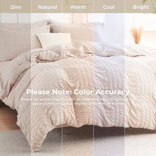 HYMOKEGE Queen Comforter Set - Beige Oversized 7-Piece Seersucker Luxury Bedding | All-Season Comforter, Sheets & Pillowcases