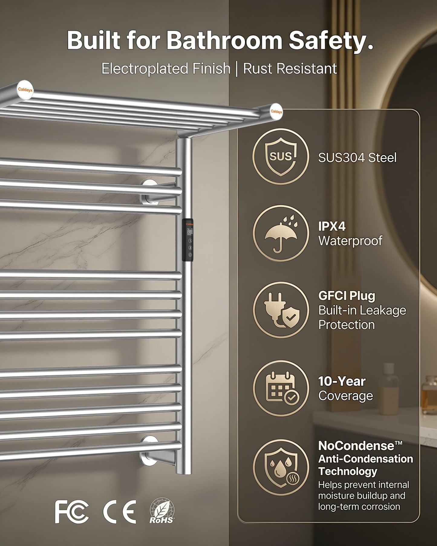 Caldayx High-Density Foldable Heated Towel Rack, Smart Dual-Zone App/Voice Control Towel Warmer Rack, GFCI Plug-in/Hardwired, Wall-Mount, Drill-Free Install, Brushed, CA3-900X550-Ultra-S