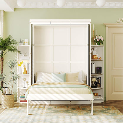 Rotating Full Murphy Bed with Hidden Wall Cabinet, Dual 3-Tier Side Shelves, Convertible Desk, Extra Storage Racks, Space-Saving Multifunctional Wall Bed for Home Office &Small Rooms, White
