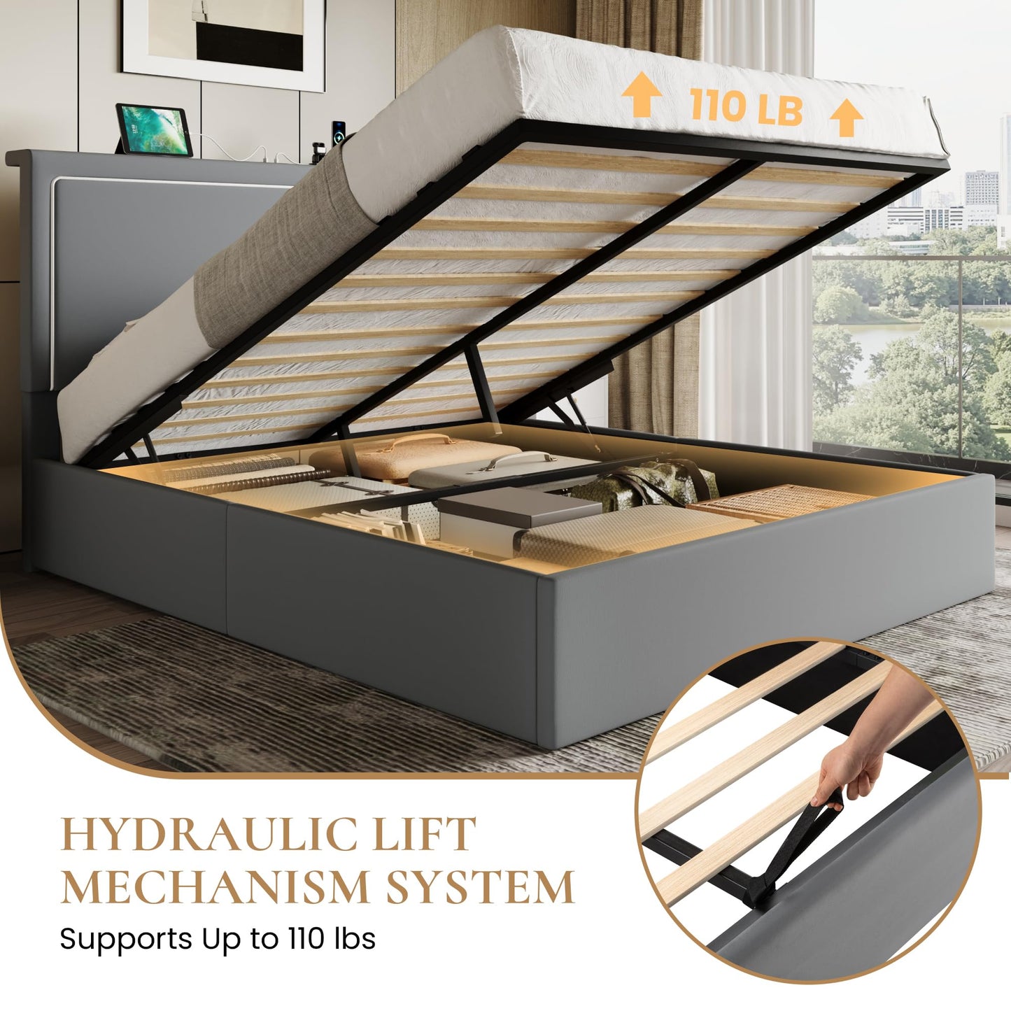 SHA CERLIN Queen Size Hydraulic Lift-Up Storage Platform Bed Frame with Charging Station, RGB LED Lights, Adjustable Velvet Headboard, USB-A and USB-C Ports, No Box Spring Needed, Grey