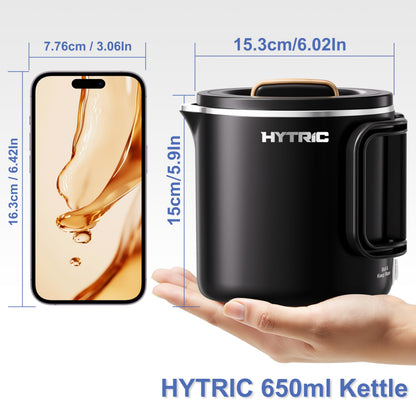 HYTRIC Travel Electric Kettle, 650ML Foldable Small Electric Kettle, Stainless Steel Portable Kettle with Dual Power Control, Collapsible Small Kettle Electric, Auto Shutoff & Boil Dry Protection