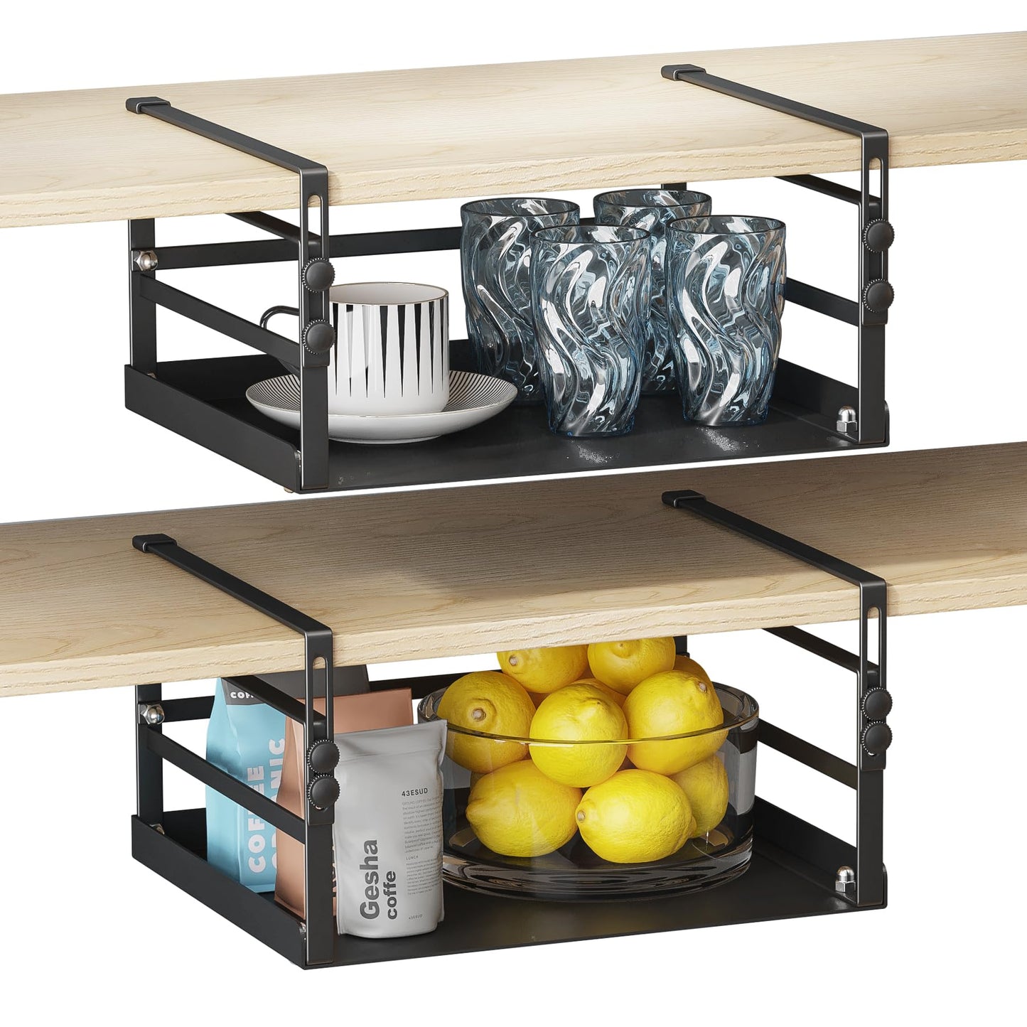 HENGI 2 Pack Adjustable Under Shelf Storage, Heavy Duty Metal Basket Organizer for Kitchen Cupboard Cabinet Pantry Laundry Desk Bookshelf, Black