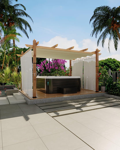 KYBOLT 10x13 Ft Outdoor Pergola with Retractable Canopy Aluminum Gazebo Imitation Wood-Grain Post with Side Mesh Screen Pavilion for Backyard Deck-Beige+White