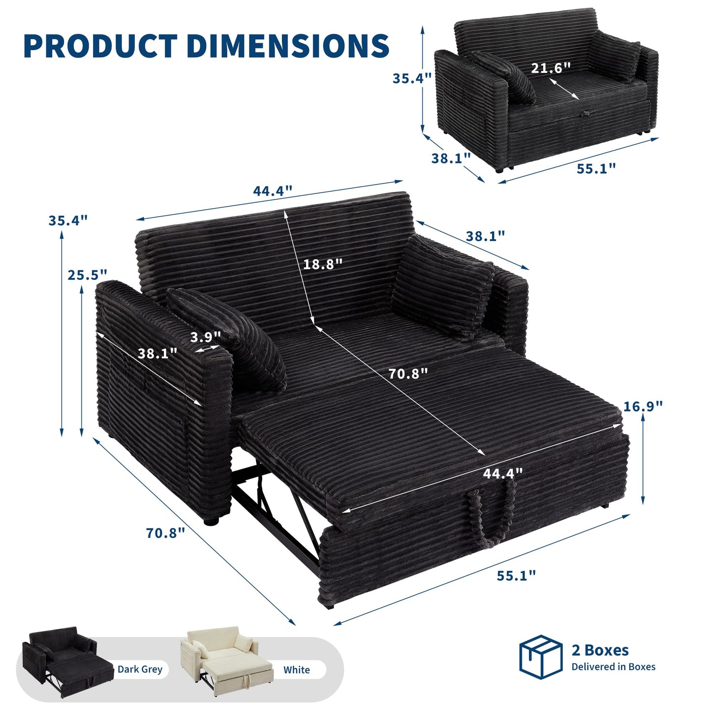GarveeTech Loveseat Sleeper Sofa Bed, 55'' Pull Out Bed with Adjustable Backrest, Charging Station and Side Pockets, Corduroy Couches for Living Room, Bedroom and Apartment, Dark Grey