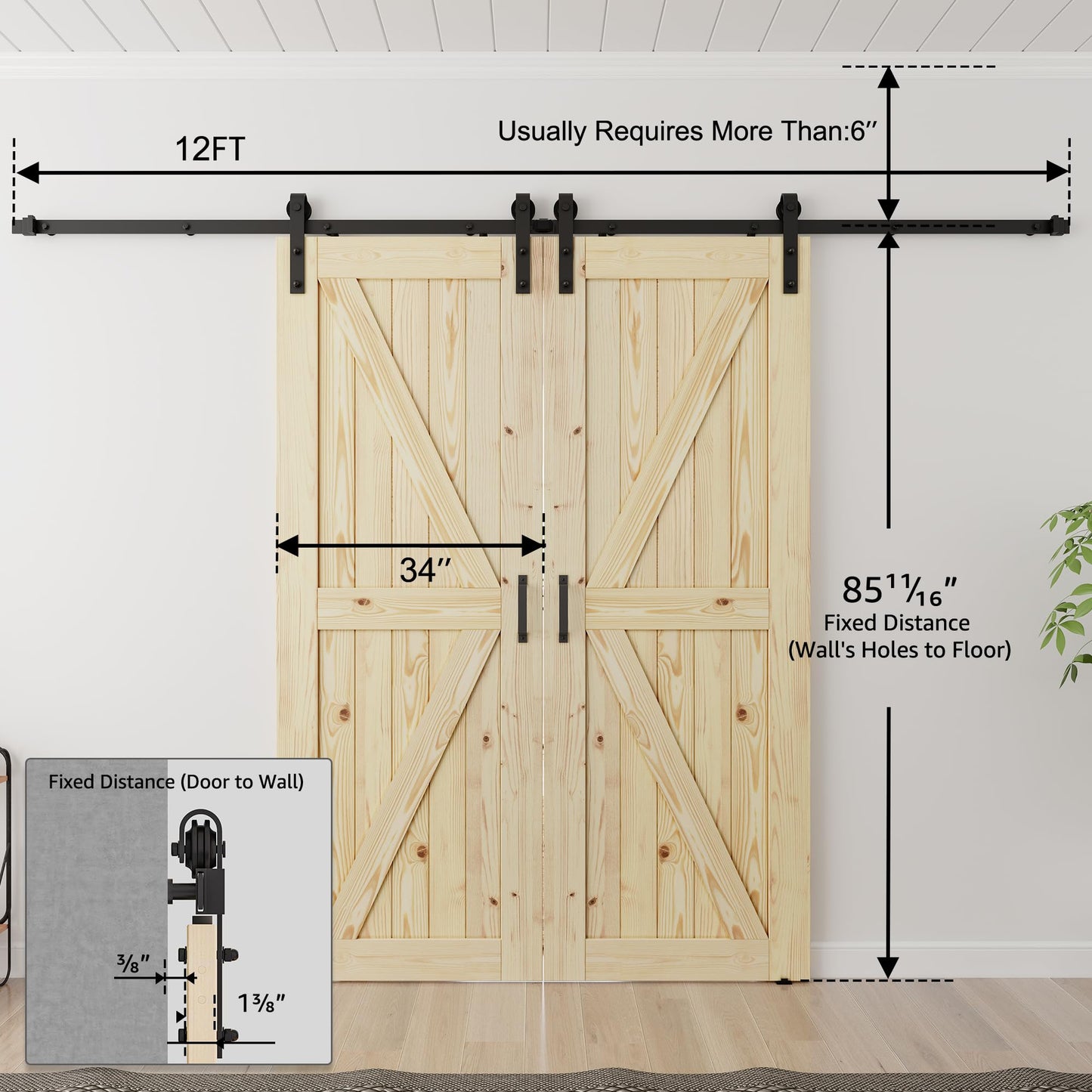 SMARTSTANDARD 34x84 inch Double Barn Door with 12ft Sliding Barn Door Hardware Kit Included, Unfinished Solid Spruce Wood, A Simple Assembly is Required, DIY Support