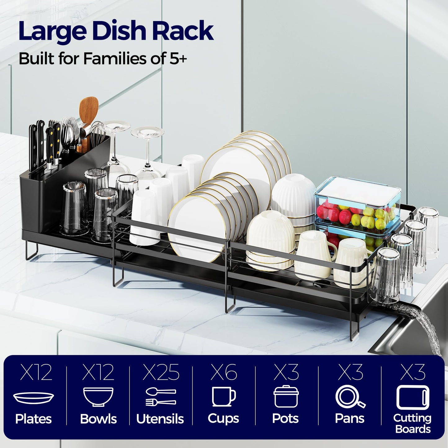 Pantasia Large Dish Drying Rack, Expandable Dish Rack for Kitchen Counter, Dish Drainer with Drainboard Set, Multifunctional Dishrack with Utensil & Cup Holder, 13.4"-28.7" L x 11.8" W x 7.8" H, Black