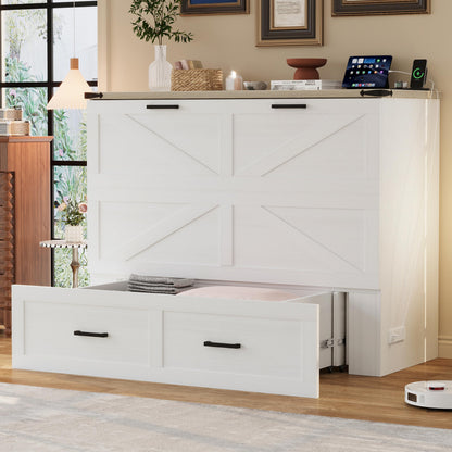 Ball & Cast Murphy Bed Full Size with Charging Station,Farmhouse Murphy Cabinet with Large Storage Drawer,Hideaway Bed Foldable Platform Bed for Guest Room, Apartment, White