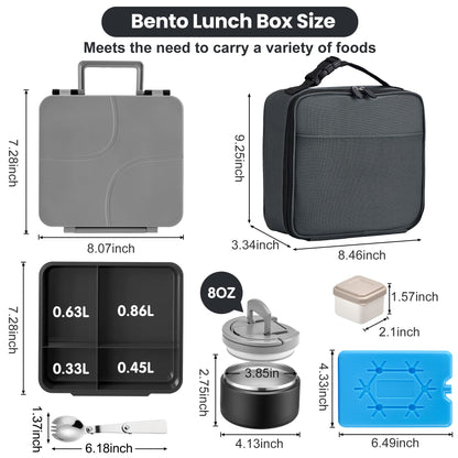 Bento Lunch Box with 8oz Soup Thermo,Kids Leakproof 4 Compartment Lunch Food Containers with Sauce Cup and Ice Pack,Kids Thermo Insulated Hot Food Jar and Lunch Bag for School,Trvael-Black