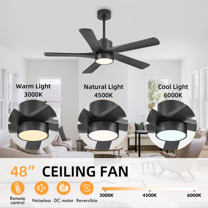 WINGBO 48 Inch DC Ceiling Fan with Lights and Remote Control, 5 Carved Solid Wood Blades, 6-Speed Noiseless Reversible DC Motor, Indoor Ceiling Fan in Matte Black Finish with Black Blades
