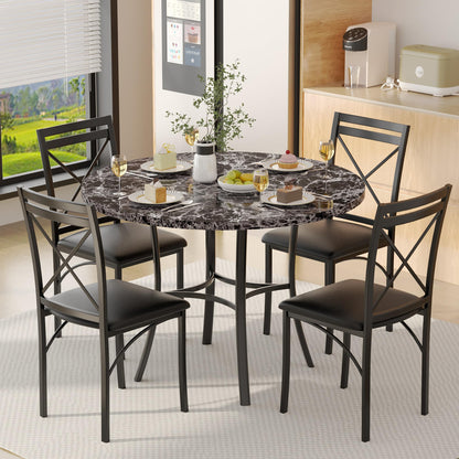VECELO 5 Piece Dining Table Set for 4, Faux Marble Dinette with Chairs for Kitchen, Breakfast Nook, Small Space, Pure Black