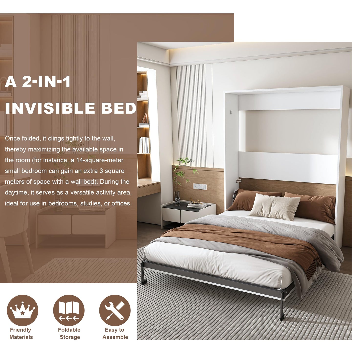 KEIKI Queen Size Murphy Bed Chest, Sapce Saving Folding Cabinet Wall Bed Frame, Foldable Hideaway Cabinets Platform Beds Frames for Apartment Bedroom Guest Room, Wood Slats Support, White