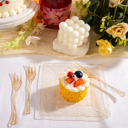 DaYammi 200Pcs Gold Dessert Plates Including 100Pcs Appetizer Plates 6",100Pcs Plastic Forks 5.7",Gold Glitter Plastic Square Plate for Party,Gold Salad Plate and Cake Forks for Party Wedding