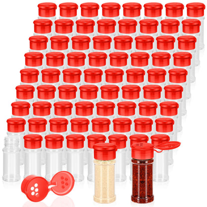 Amyhill 100 Pcs Plastic Spice Bottles Spice Jars with Cap Seasoning Jars Shaker 2 Oz/ 60ml Clear Bottle Containers with Shaker Lids for Storing Herbs and Seasoning Powders (Red)
