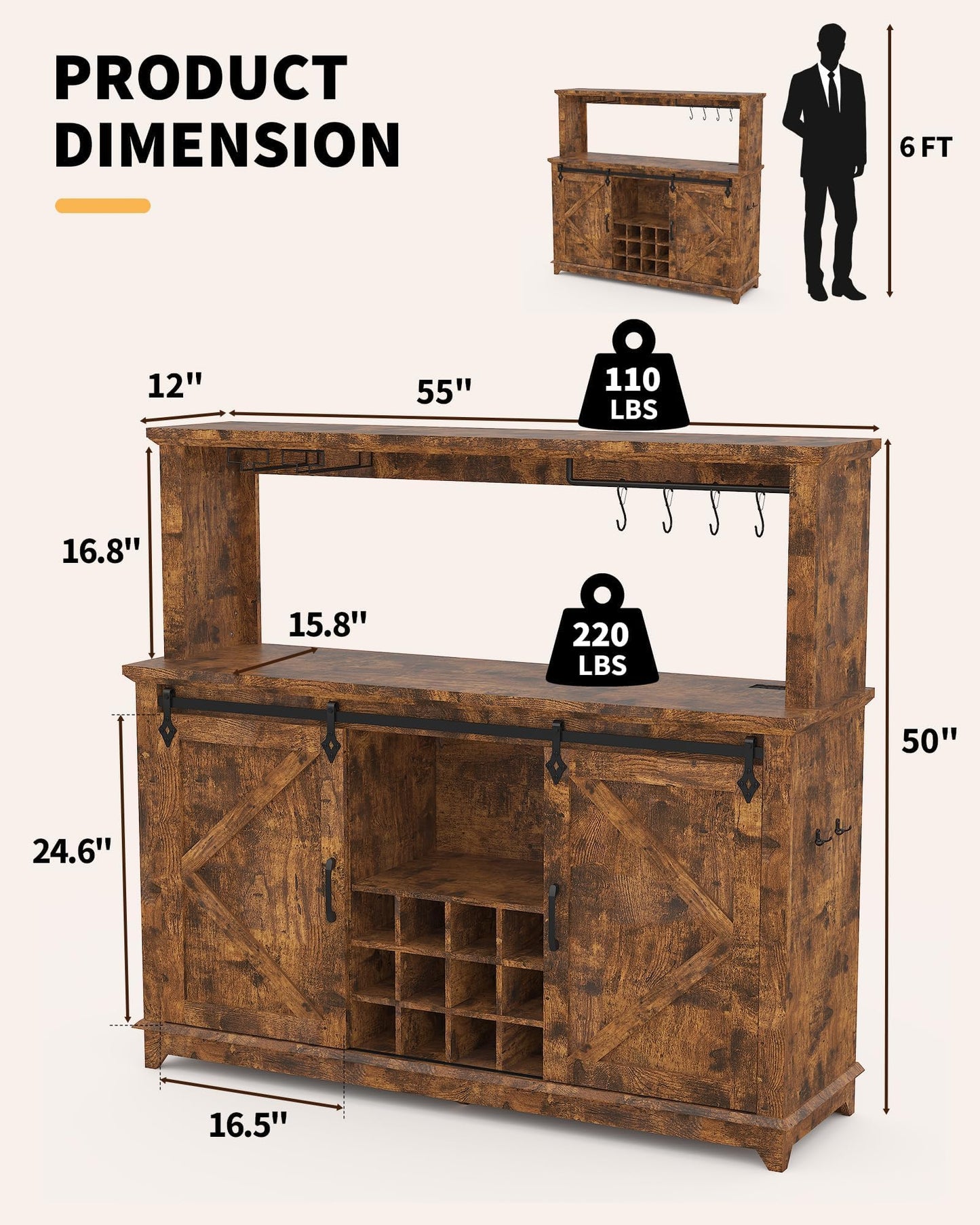 IDEALHOUSE 55" Farmhouse Coffee Bar Cabinet with Power Outlet & LED Light - Sliding Barn Door Buffet with Removable Wine Rack, 2-Tier Drawers, for Kitchen, Dining & Living Room, Brown