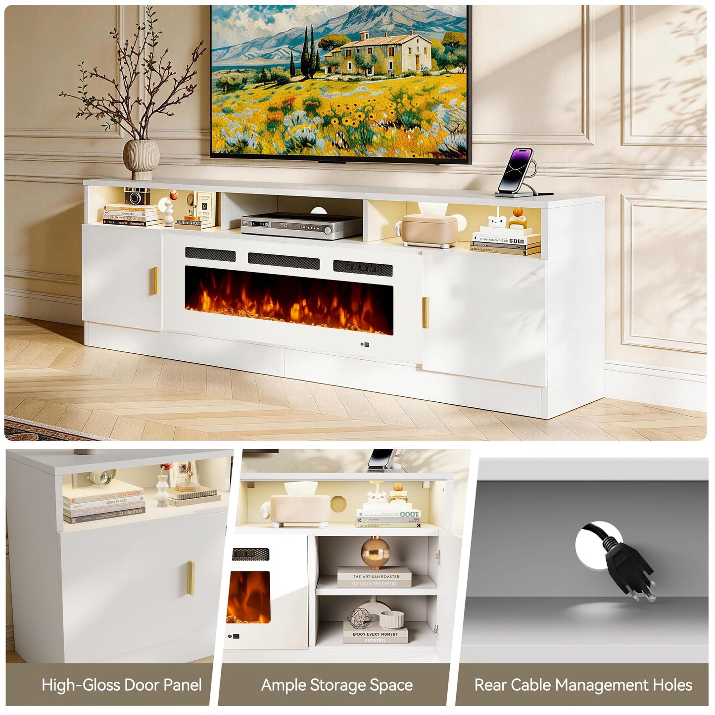 OneBlis 70" Fireplace TV Stand with Power Outlet, Electric Fireplace Entertainment Center with Storage Cabinets, Fits TVs up to 80", TV Console with LED Lights for Living Room, Office, White-White