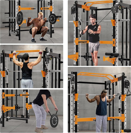 Fitvids All-in-One Power Cage with Pulley Cable Crossover System, Squat Rack, Leg Extension & Curl – Multi-Functional Home Gym Strength Training Equipment