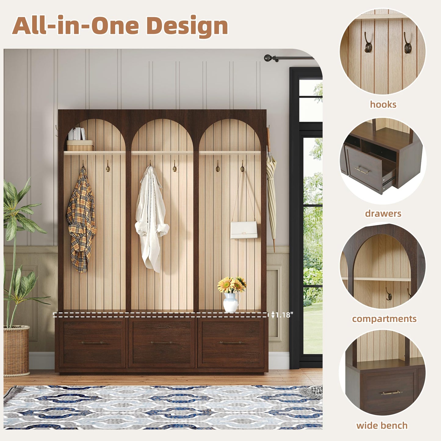 Merax Farmhouse Wood Hall Tree with Shoe Bench and 3 Drawers, 4-in-1 Entryway Coat Rack with 8 Hooks for Entrance, Hallway, Mudroom Dark Walnut