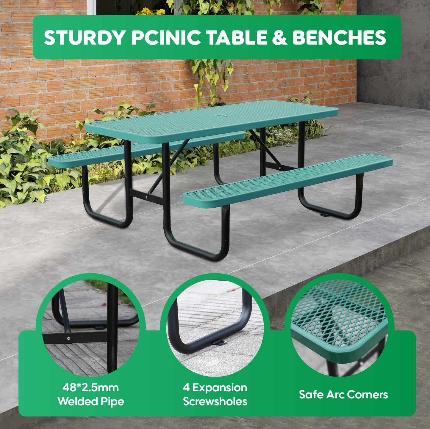 6FT Metal Picnic Tables for Outdoors, Commercial Rectangular Picnic Table and Bench Set for Outside, Patio, Garden, Backyard, Porch, Surface Mount, Green