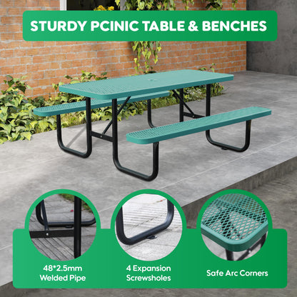 6FT Metal Picnic Tables for Outdoors, Commercial Rectangular Picnic Table and Bench Set for Outside, Patio, Garden, Backyard, Porch, Surface Mount, Green