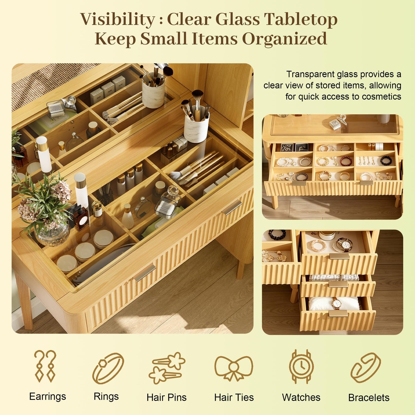 48" Fluted Makeup Vanity Desk with Large 32" Mirror, Modern Glass Top Vanity Table with 4 Drawers & Side Cabinet, Built-In Charging Station, Dressing Table Set for Bedroom, Natural Wood Finish