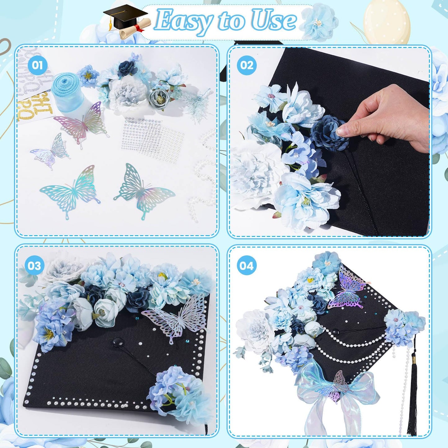 Pineraap Graduation Cap Decorations Kit, Artificial Flower Heads 3D Butterfly Stickers Rhinestones Letter Number Stickers Pearls String Decor Ribbon for DIY Grad Cap Topper Party Supplies, Blue