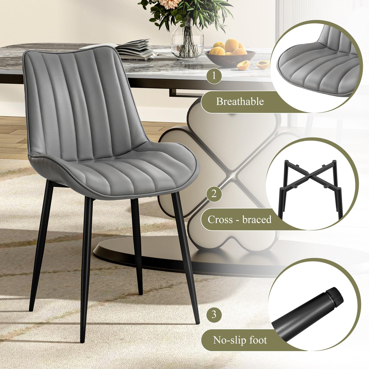 VECELO Dining Chairs Set of 6, Upholstered Kitchen Chairs with Comfortable Faux Leather Cushions and Neat Stitching, Mid-Century Modern, Easy Assembly, Grey