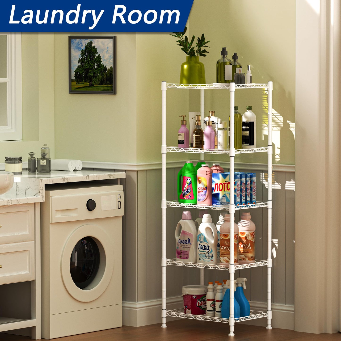 REGILLER 5-Wire Shelving Metal Storage Rack Adjustable Shelves,Standing Storage Shelf Units for Laundry Bathroom Kitchen Pantry Closet(Black,11.8" D x 16.6" W x 53.5" H)